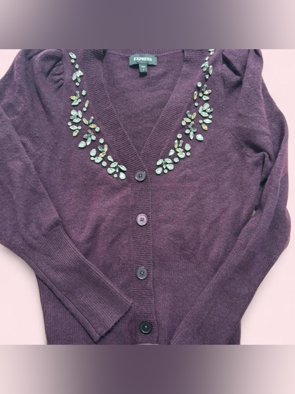 Express Plum Jeweled V-Neck Cardigan